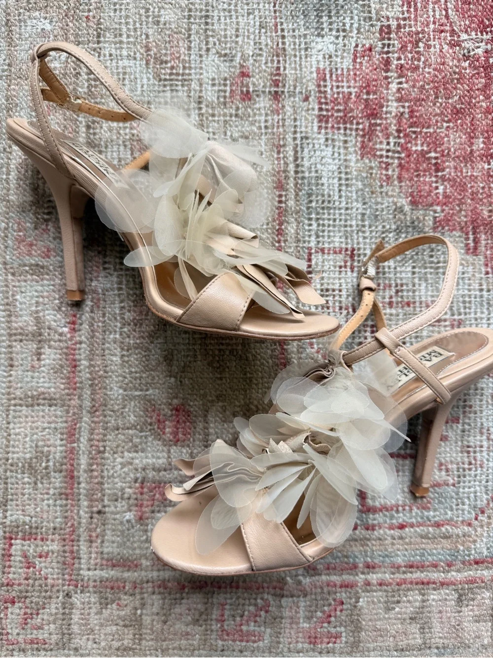 Badgley Mischka Blush and Cream Floral Appliqué T-Strap Heels